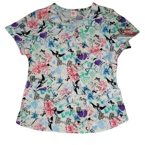 Barco Juniors V-Neck Scrub Top Medium "Love Letters" Butterfly Dove Print